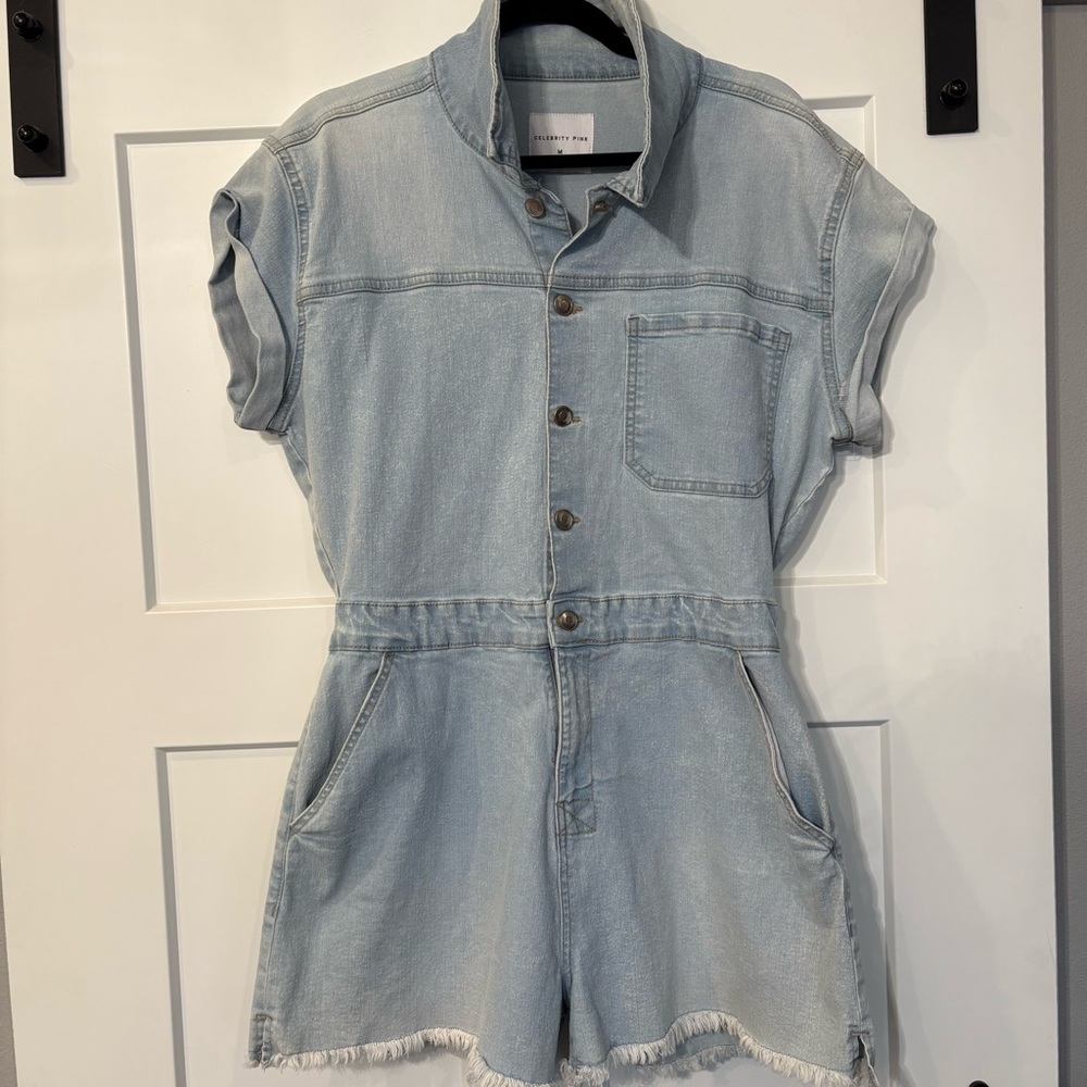 Celebrity Pink Denim Button-Up Romper Womens Medium